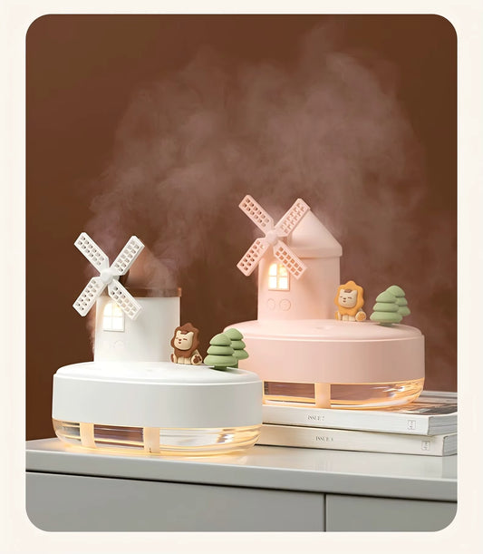 Umidificator decorativ cu moară, efect dublu de abur și melodii relaxante - Alb