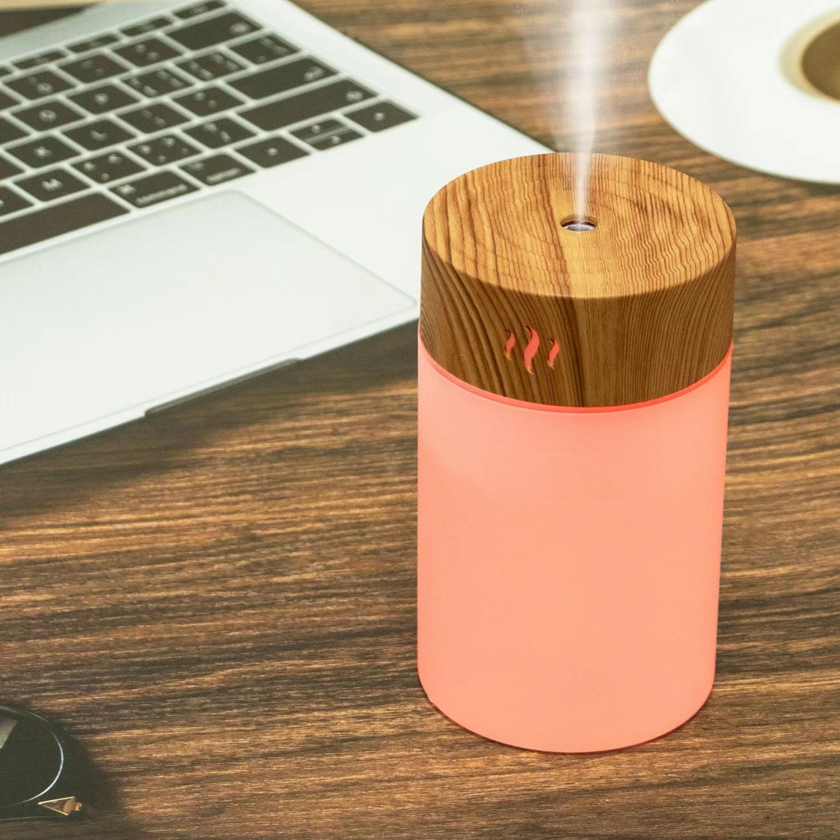 Difuzor de aromaterapie portabil din lemn – mini, USB, 7 culori LED